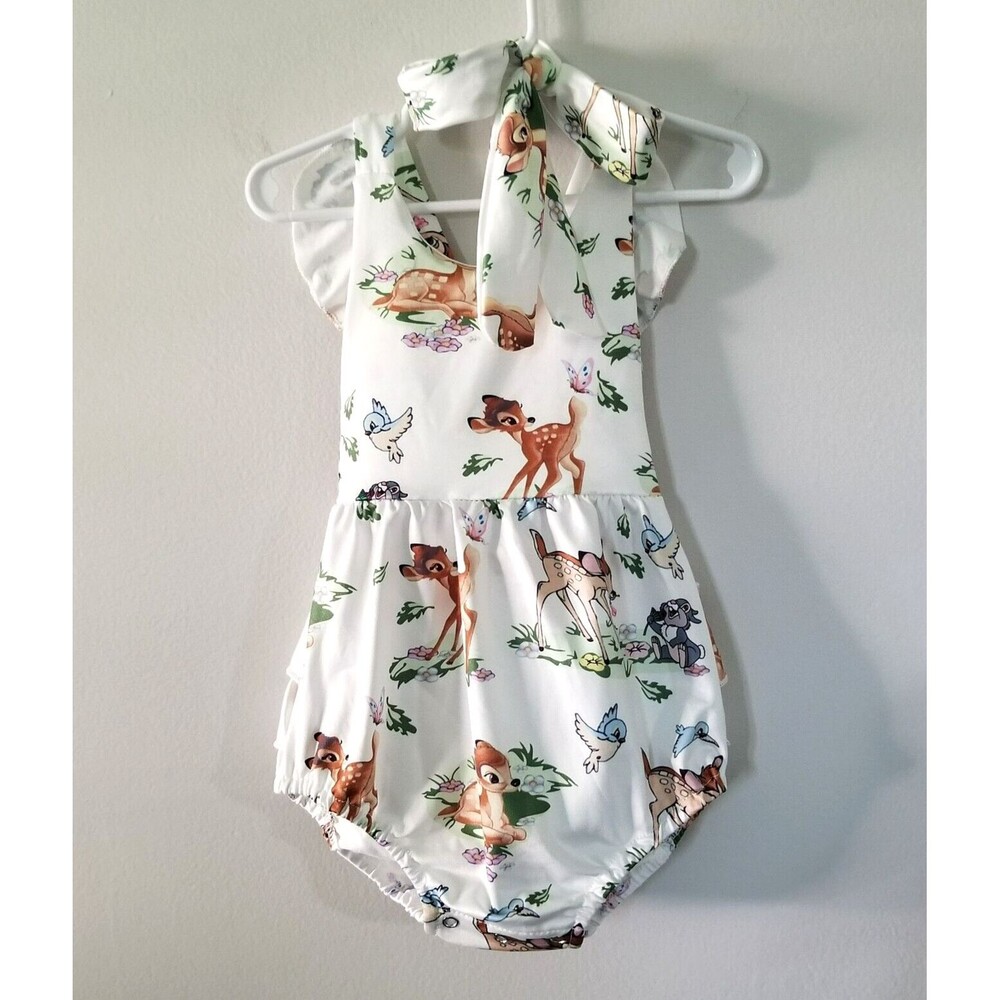 Baby Girls Cute Cartoon Deer Bambi Print Romper & Bow Headband Set Size 1-2 yrs.